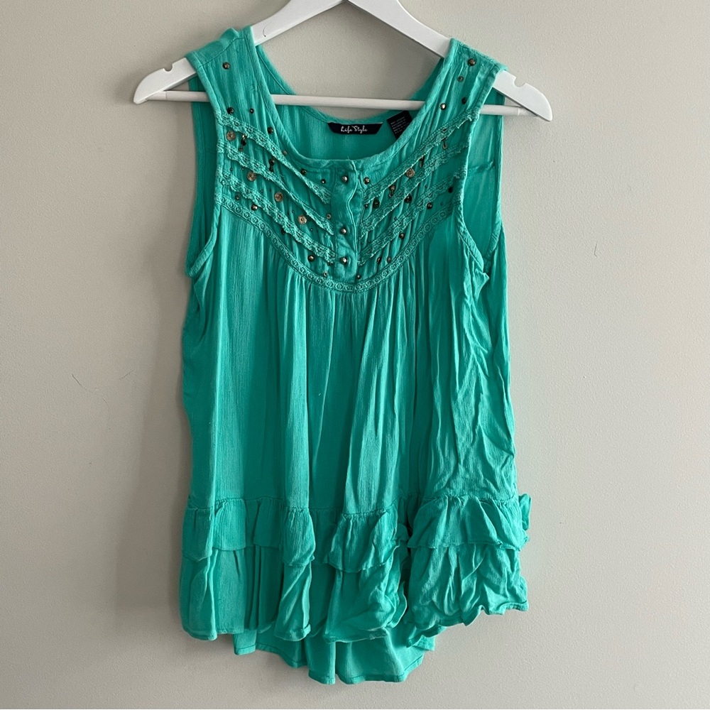 5/$25 Boho Southwest Beaded Ruffle Tank Top - Teal Size Large